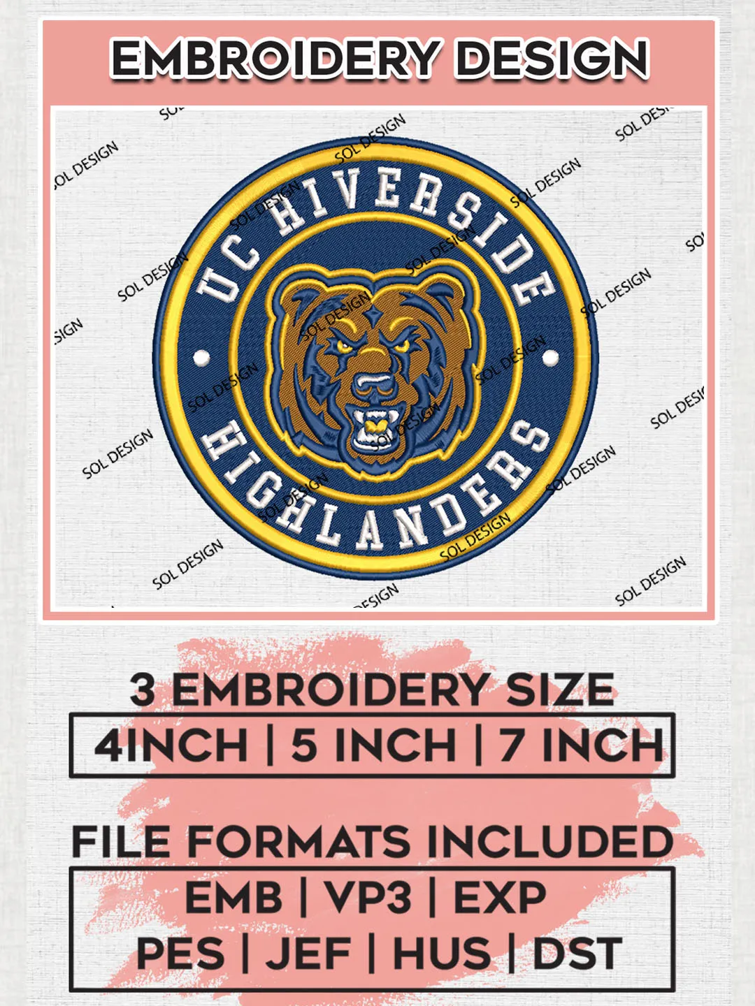 NCAA UC Riverside Highlanders Round Logo Embroidery, NCAA UC Riverside Highlanders Logo Embroidery files, NCAA Teams, Machine embroidery designs, Digital Download