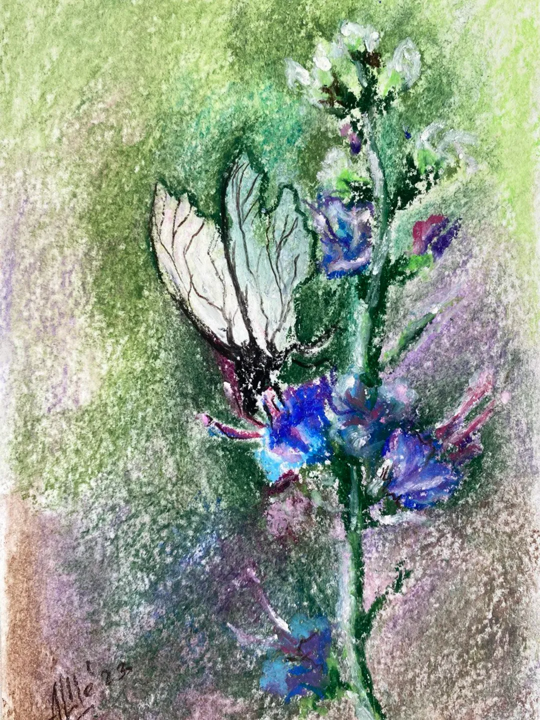 Butterfly painting Oil pastel painting Flower landscape art