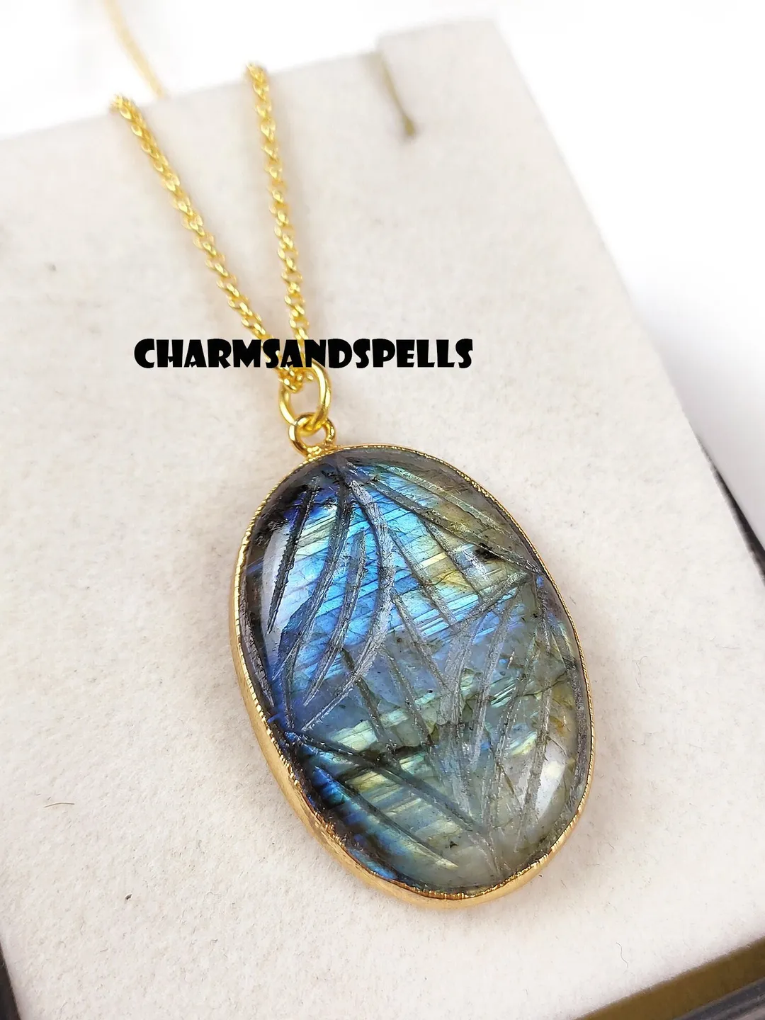 Carved Labradorite Pendant Necklace, Blue Flash Gemstone, Gold Copper Finish, Boho Spiritual Jewelry