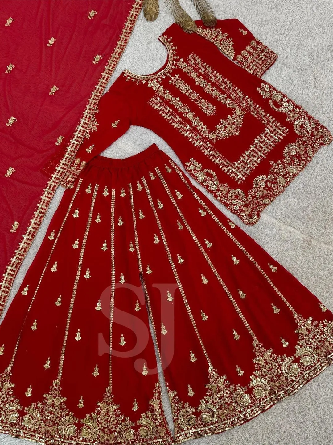Red Designer Salwar Suit, Pakistani Women's Wear Salwar Kameez Readymade, Fully Stitched Kurta Palazzo Dupatta Set, Indian Partywear Suits