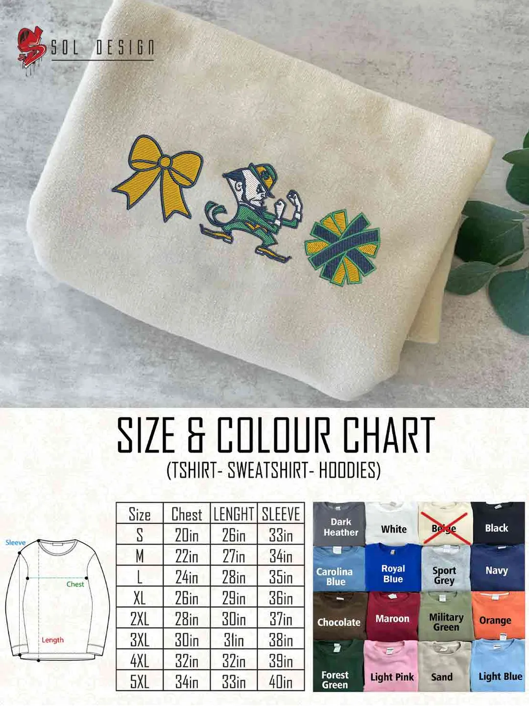 Notre Dame Fighting Irish Cheer Poms Bow Embroidered Sweatshirt, Football Embroidered Sweatshirt, Sport Game Day Cheerleader Shirt, Embroidered Hoodie, Unisex Crewneck, College Football Team Fan Gift Tee