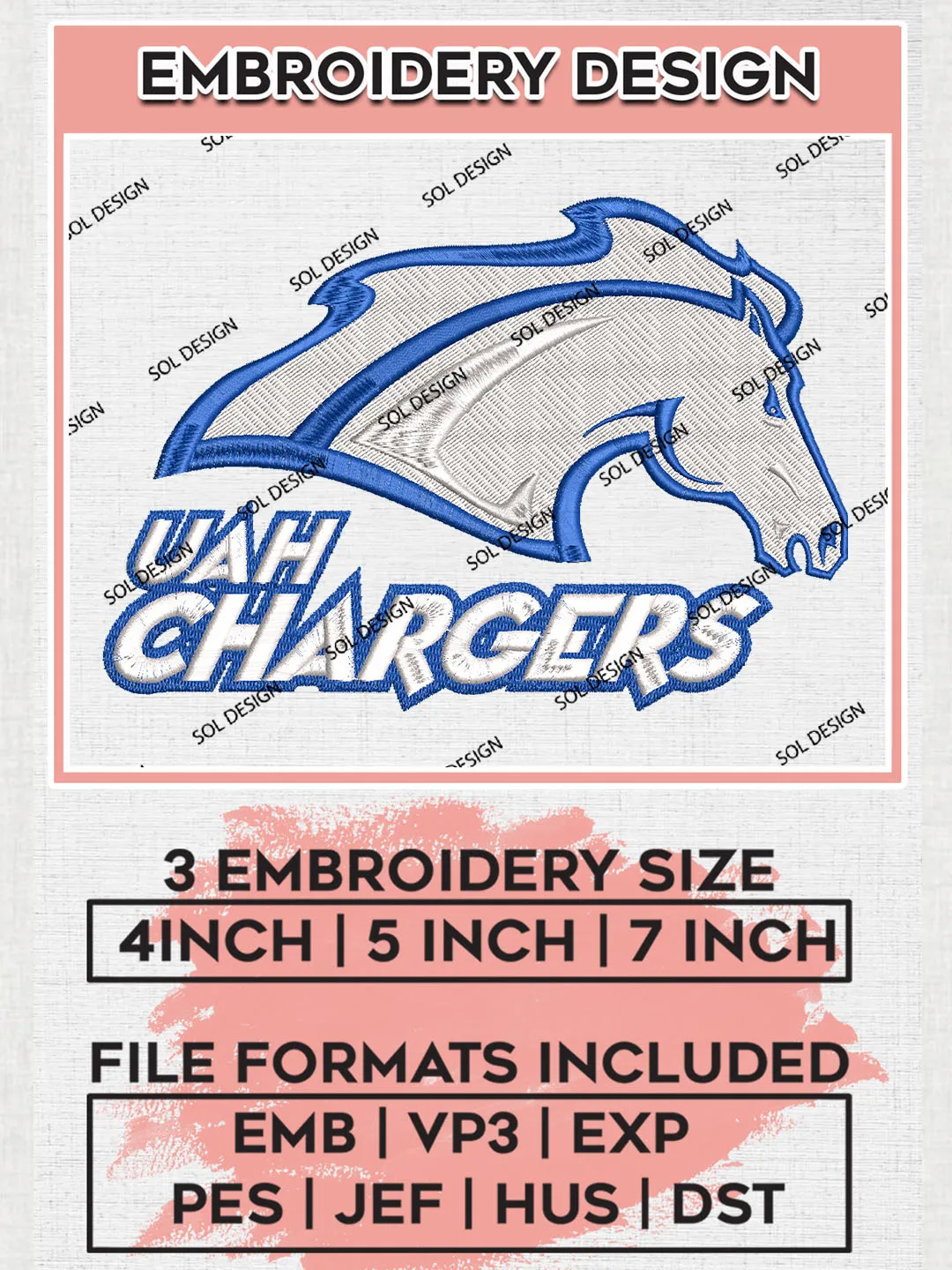 NCAA UAH Chargers Team Logo Embroidery Design Files, NCAA Alabama Huntsville Chargers Machine Embroidery, NCAA Teams, 3 sizes, NCAA Machine embroidery designs, Digital Download
