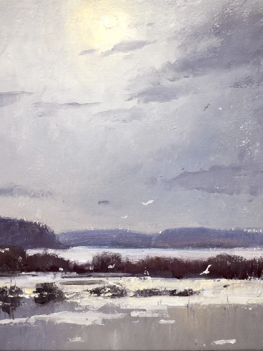 Winter landscape oil painting original. Lake paintings