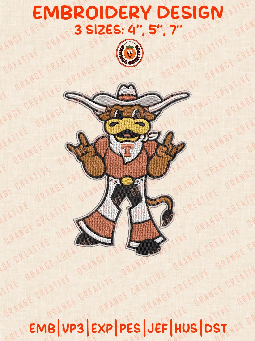 NCAA Texas Longhorns Mascot Logo Embroidery Design, NCAA Team Embroidery Design, Machine Embroidery Design File, 4 Sizes, Custom Size, Digital Download