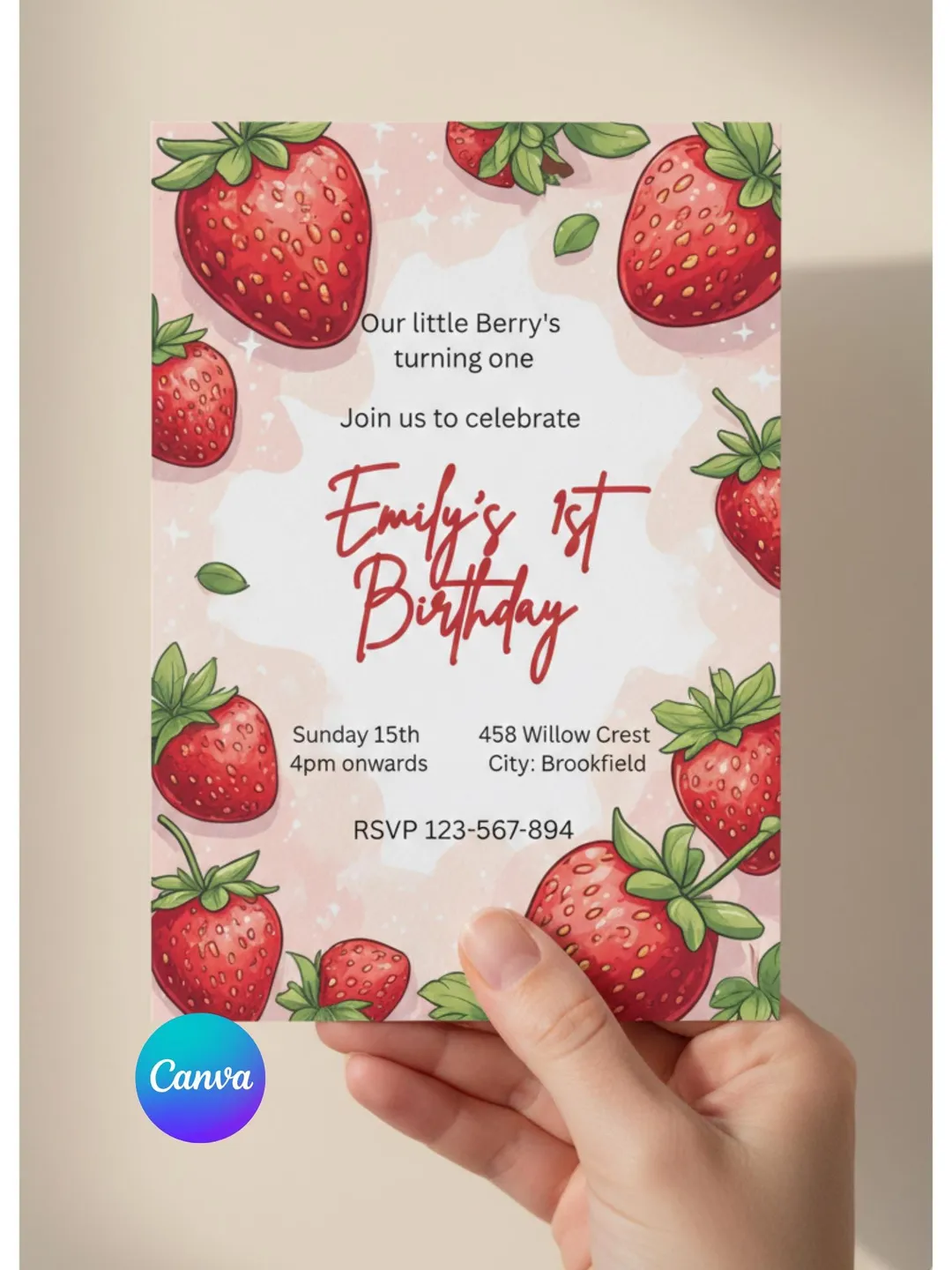 Strawberry Birthday Invitation | Our Little Berry 1st Birthday Girl | Editable Canva Template | Berry Party Digital Download