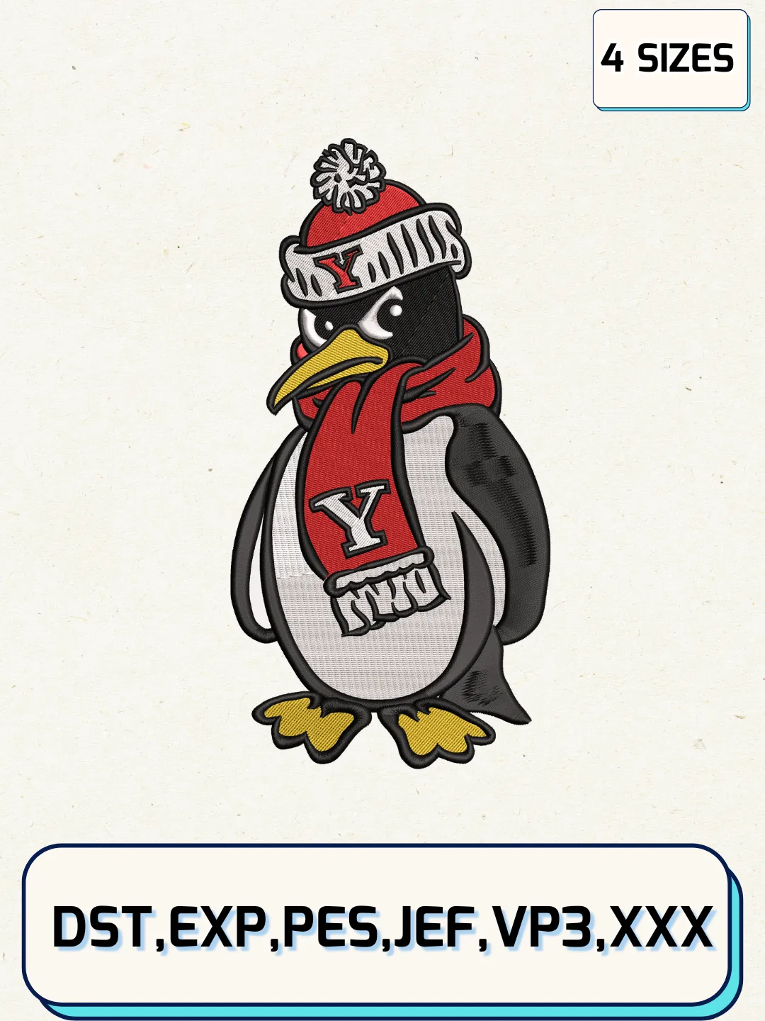 Youngstown State Penguins Mascot Embroidery Design Files, NCAA Logos Embroidery Designs, Machine Embroidery Files, 4 Sizes