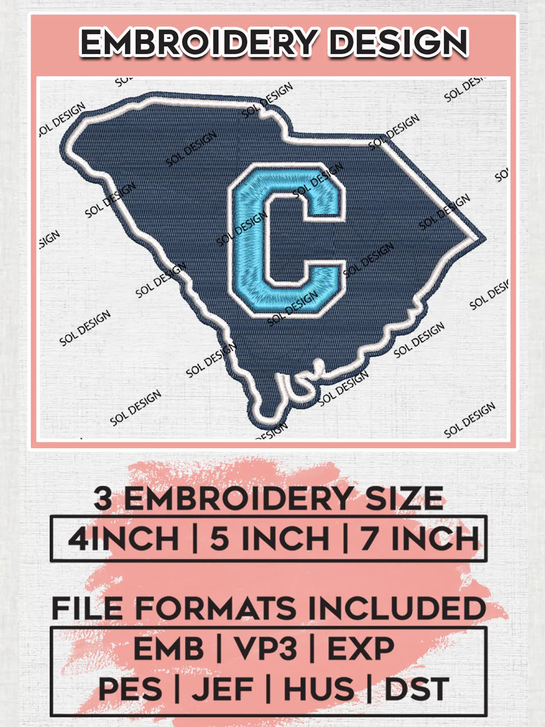 NCAA The Citadel Bulldogs Team Map Logo Embroidery Design Files, NCAA The Citadel Bulldogs Machine Embroidery, NCAA Teams, 3 sizes, NCAA Machine embroidery designs, Digital Download