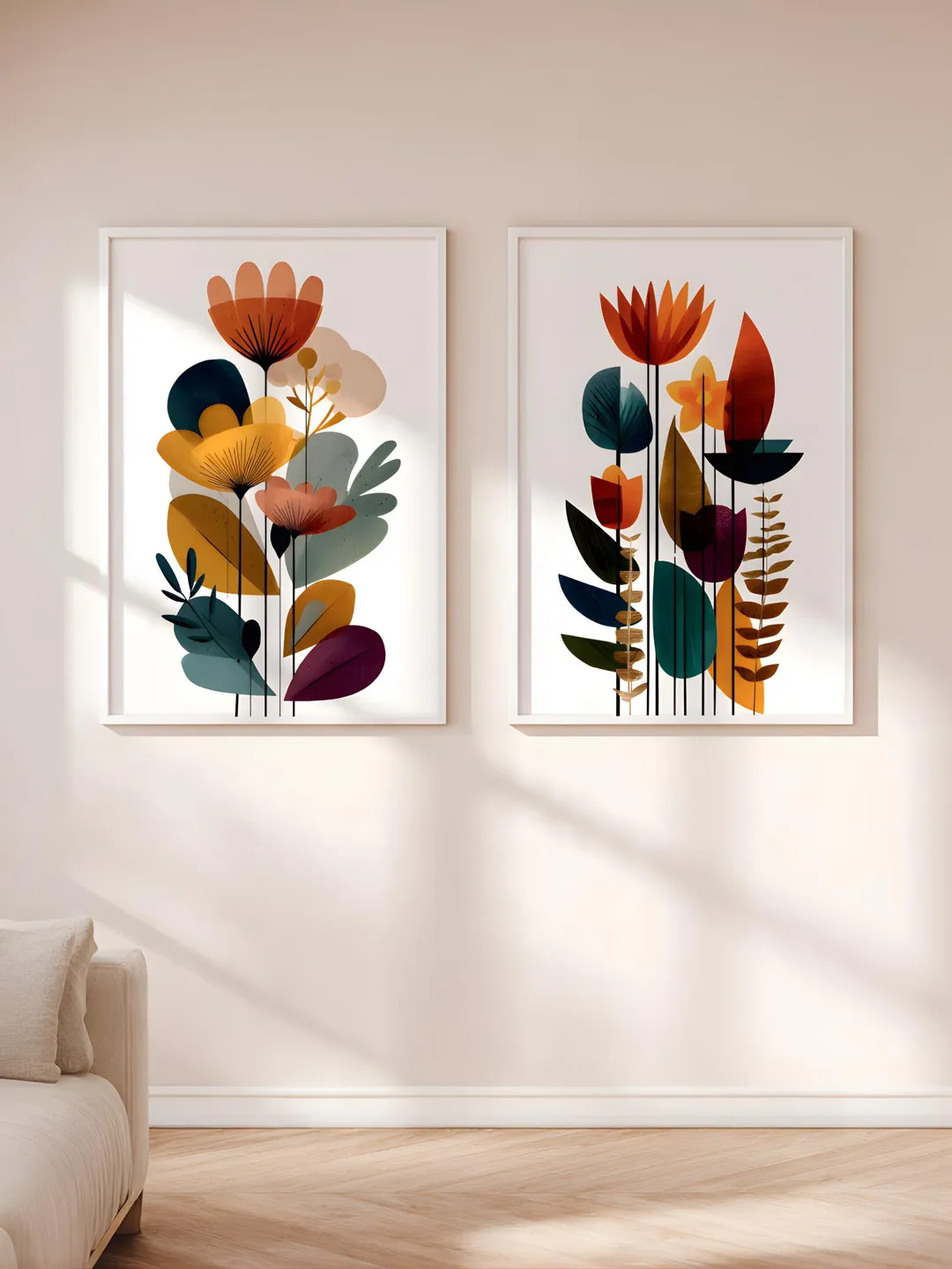 Mid Century Modern Floral Wall Art Set of 2, Abstract Botanical Prints ...
