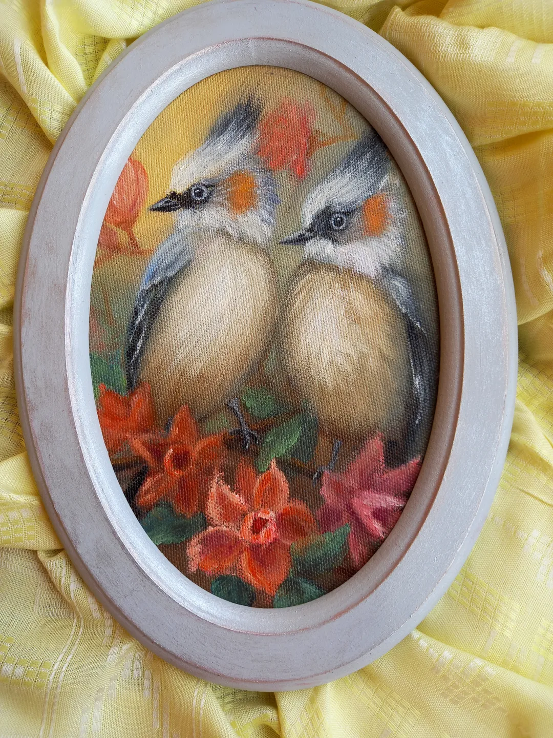 Bird original oil painting with a frame 25x35 cm