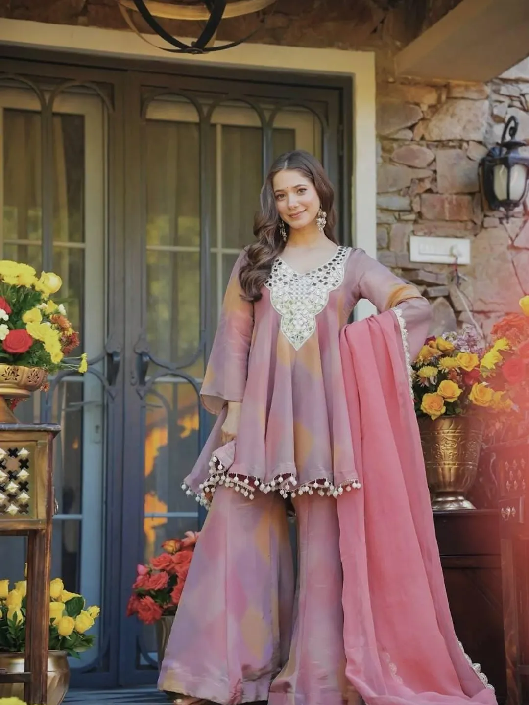 dusty pink indian dress Dusty Rose Simmer Silk Kameez with Skirt Suit For Indian & Pakistani Wedding Festival