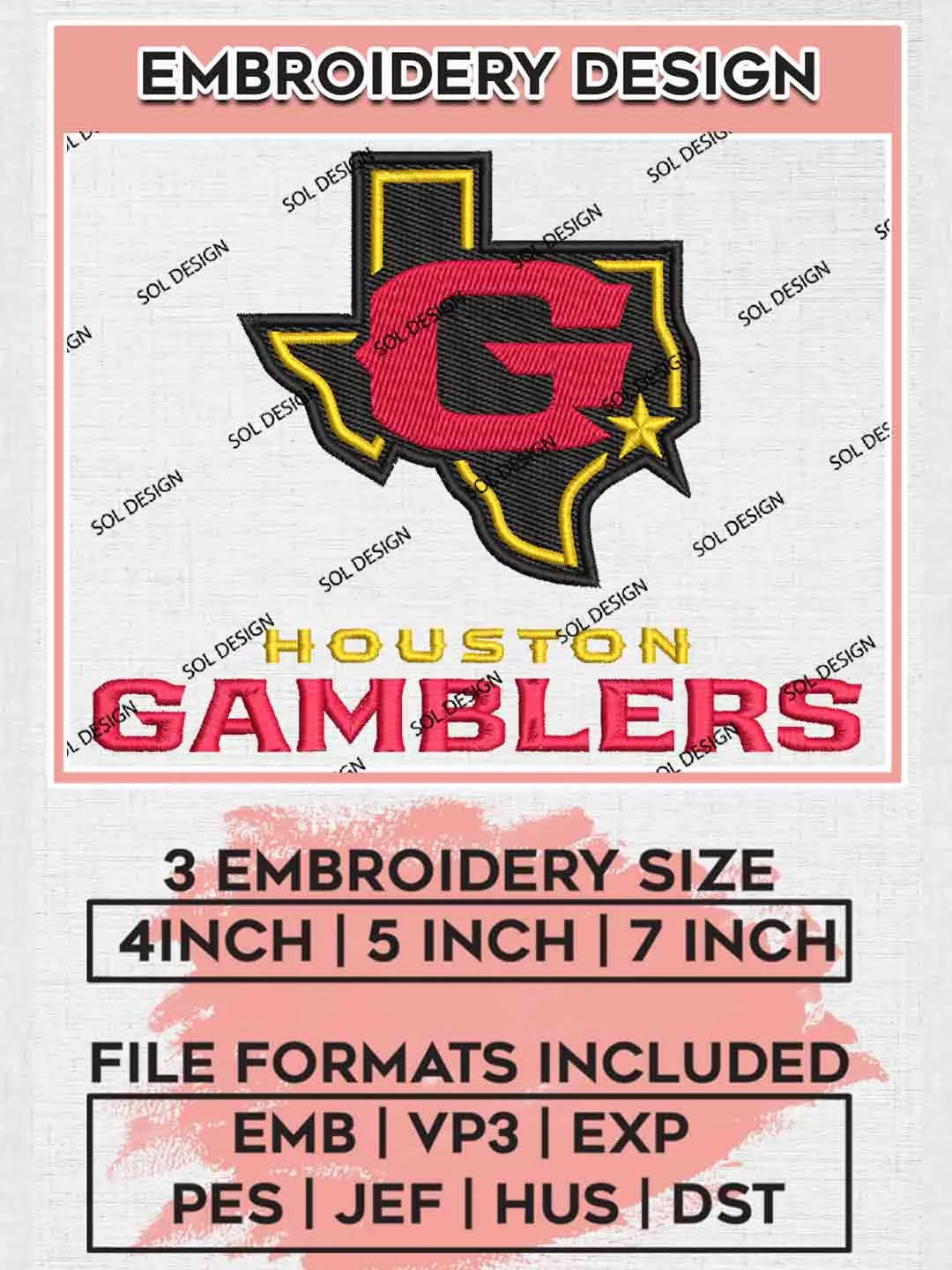Houston Gamblers Logo Embroidery Design, UFL Football League Embroidery files, Sport Machine embroidery designs, 3 sizes, Instant Download