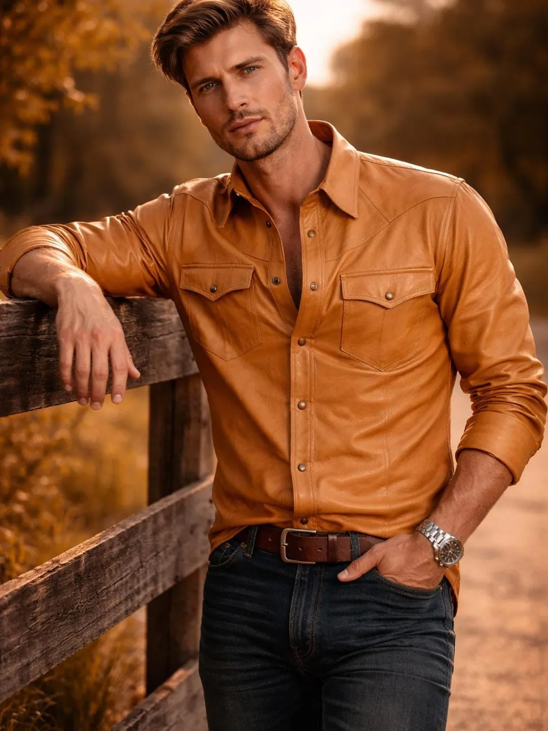 Men's Tan Lambskin Leather Western Shirt | Soft Genuine Leather Button Down