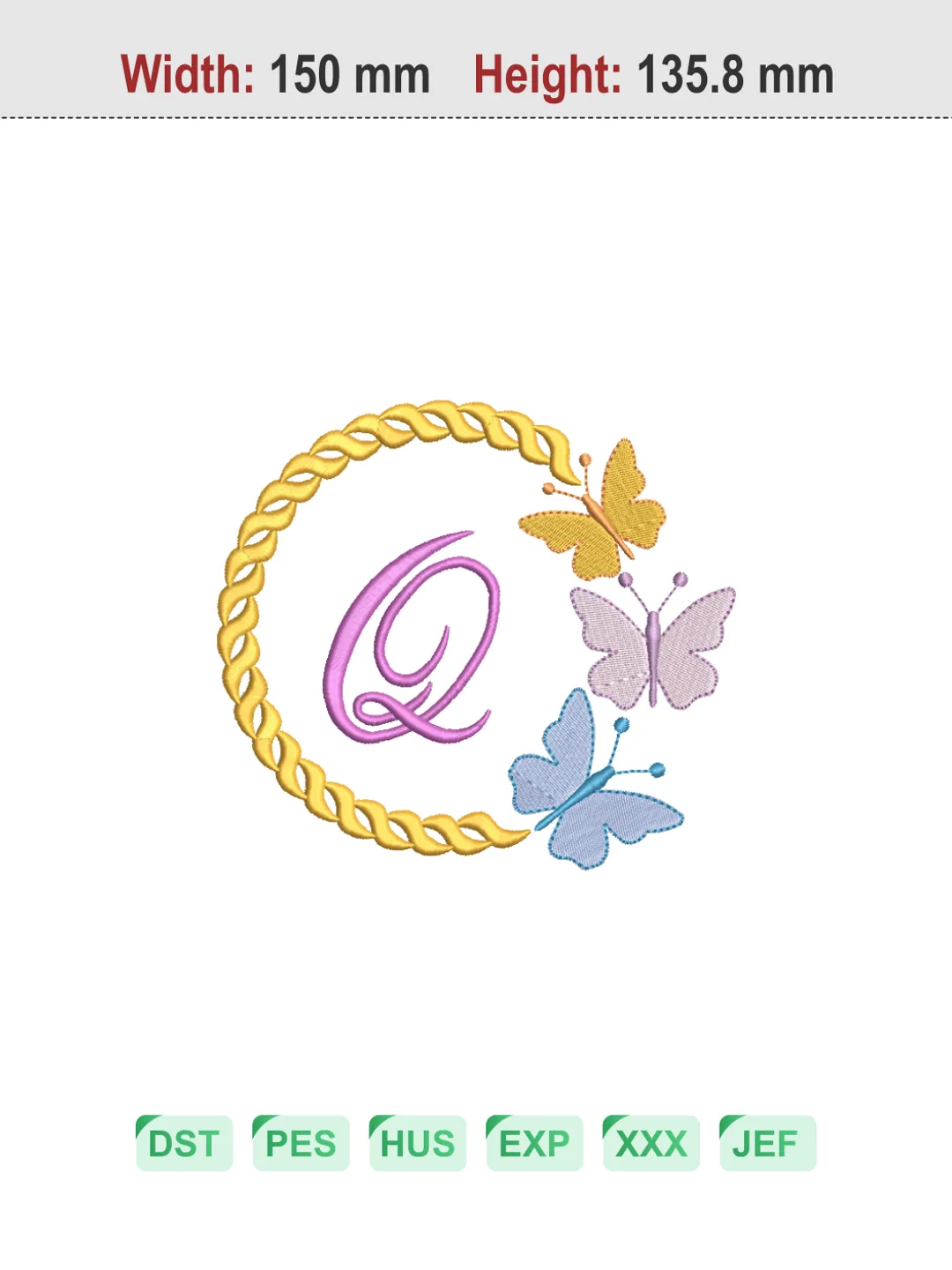 Butterfly Wreath Letter Q Machine Embroidery Design