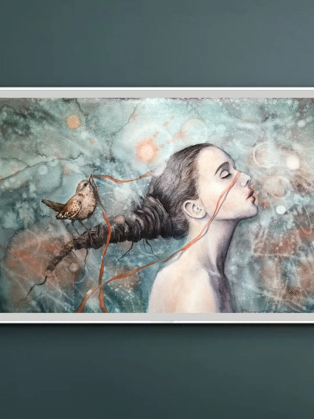 Woman Painting Original Woman with Bird Artwork Girl Watercolor Painting