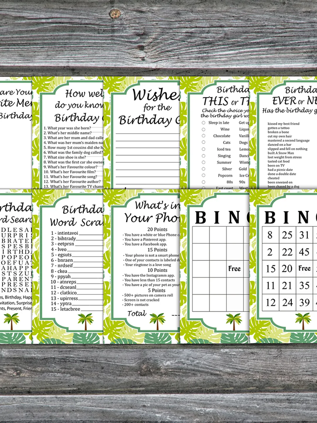 Tropical Birthday Party Games bundle,Adult birthday games package,Printable Birthday Games,INSTANT DOWNLOAD