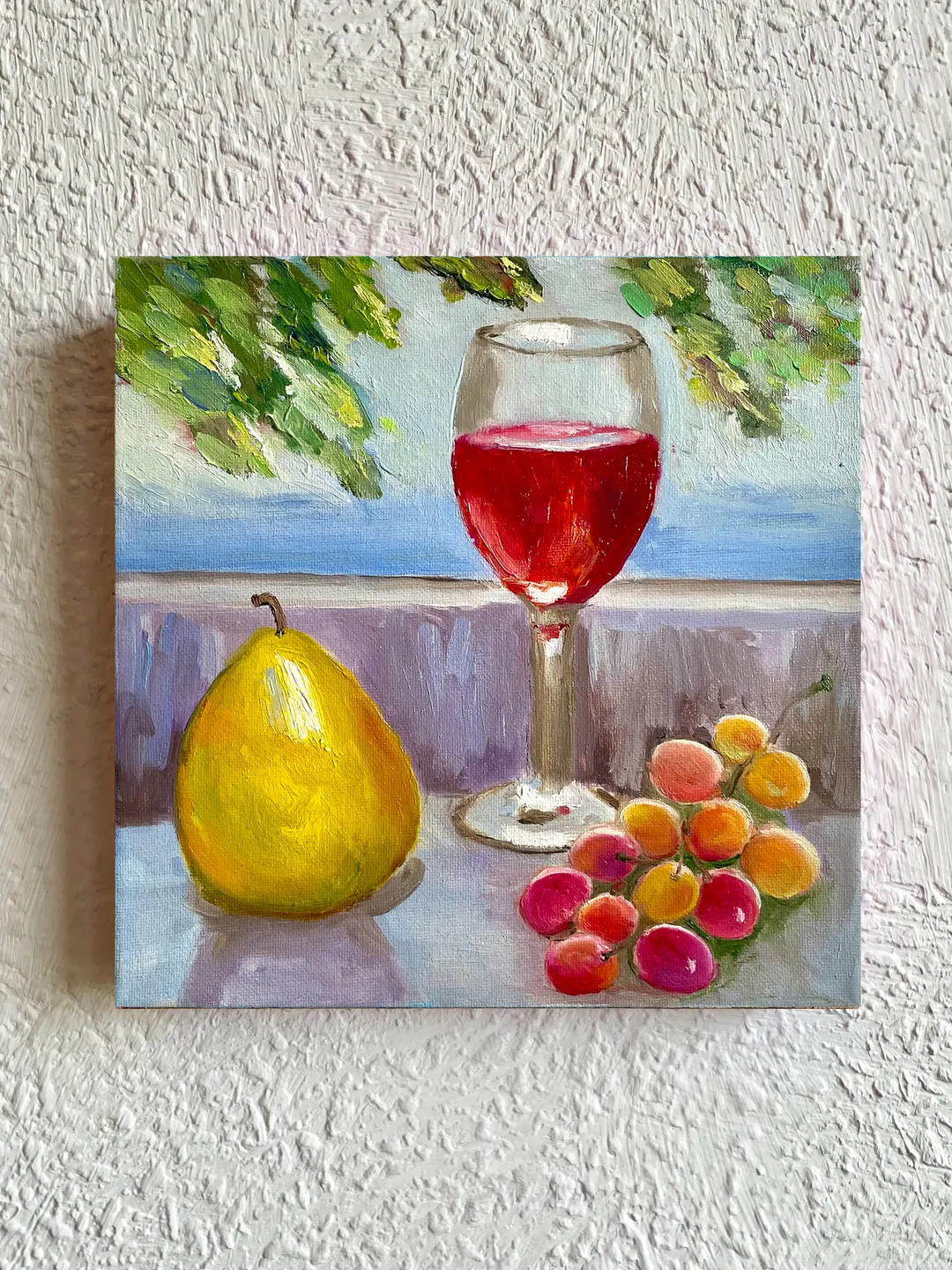 Wine Glass Painting, Original Oil Painting on Canvas, Fruit Still Life Painting 10" x 10"