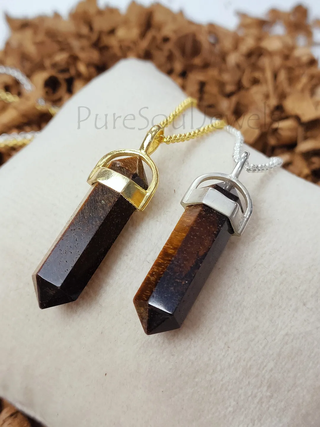 Tiger Eye Point Pendant Necklace: Gold/Silver Plated Gemstone