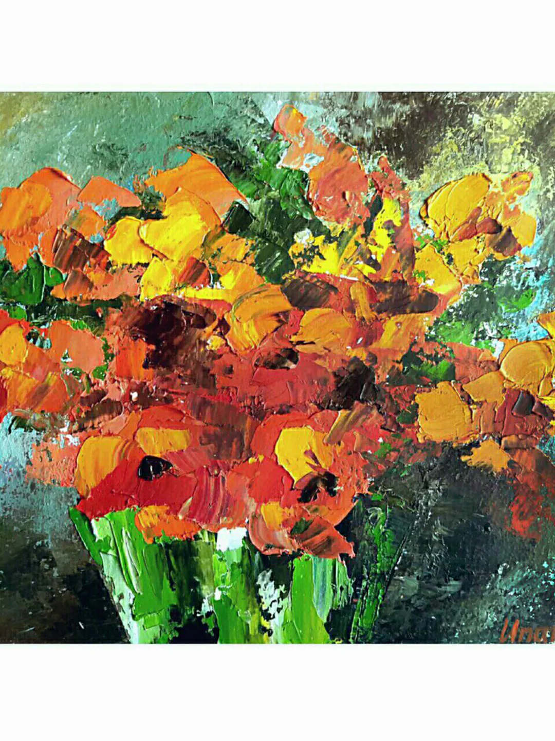 Abstract Poppies In A Vase Impasto Original Oil Painting Flowers Artwork