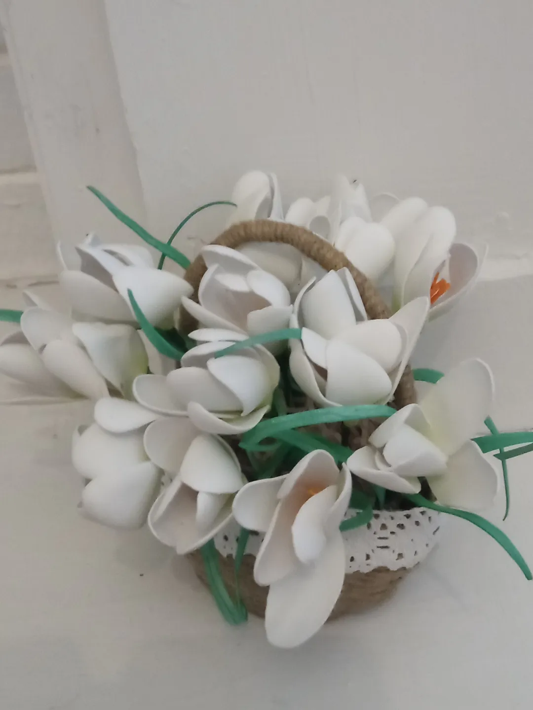 Handmade spring crocuses in linen basket/ floral arrangement/ Easter decor/ gift for her/ home decor/ mother day gifts