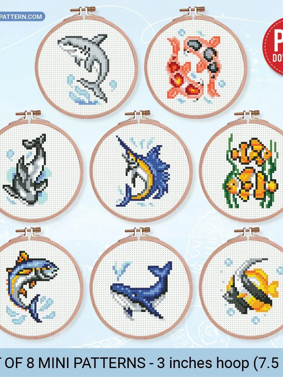 Mini Fish Pattern Bundle mini Fishes 8 Cross stitch patterns, contemporary, Abstract, 3 ...