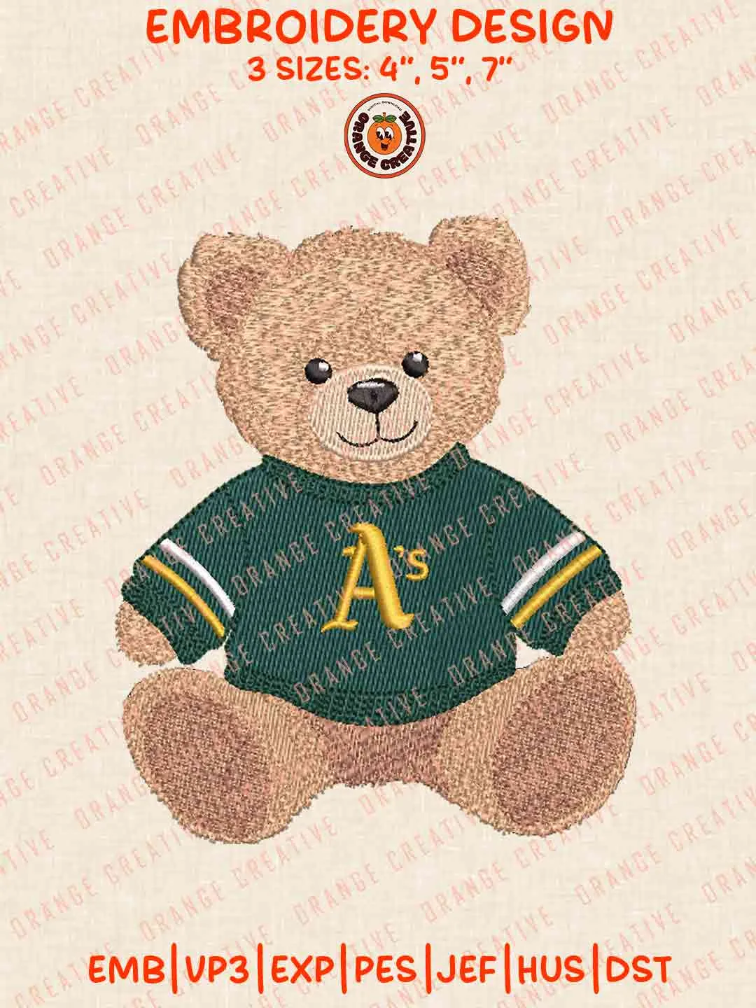 Oakland Athletic Teddy Bear Embroidery Design Files, Football Embroidery Designs, Sport Machine Embroidery Files, 3 Sizes, Custom Sizes, Instant Download