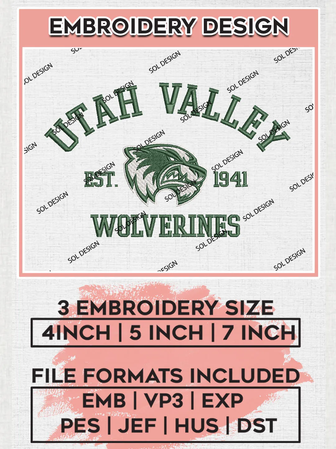 Utah Valley Wolverines Est 1941 Embroidery Designs, NCAA Utah Valley Wolverines Team Embroidery, NCAA Team Logo, 3 sizes, Machine embroidery Files, Digital Download