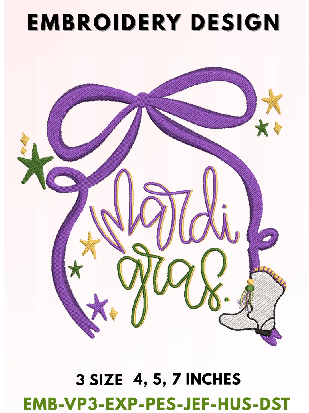 Mardi Gras Celebration Embroidery, Purple Bow Ribbon Typography, Festive Cowboy Boot & Stars Design, New Orleans Carnival Aesthetic, 3 Sizes