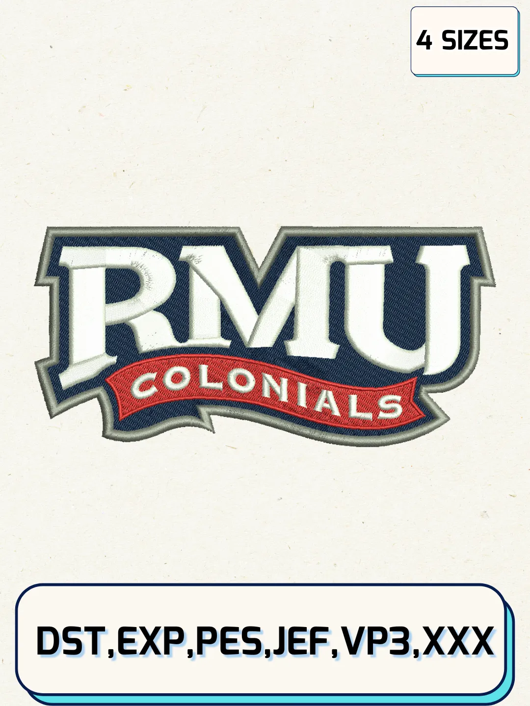 Robert Morris Colonials Logos Embroidery Design Files, NCAA Logos Embroidery Designs, Machine Embroidery Files, 4 Sizes