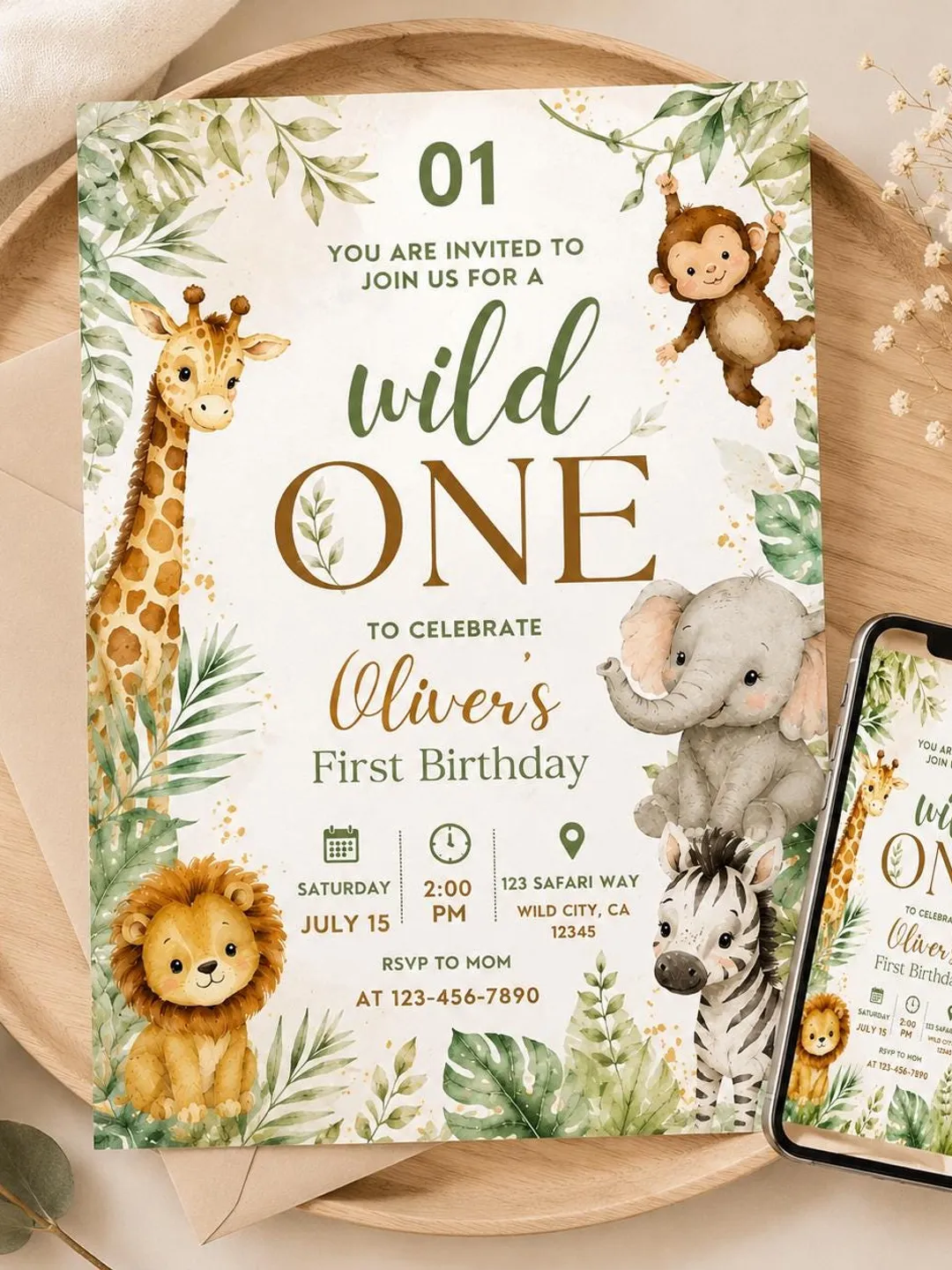 Wild Safari Birthday Invitation Template, Safari 1st Birthday Invite, Editable Canva Jungle Invitation, First Birthday Digital Download
