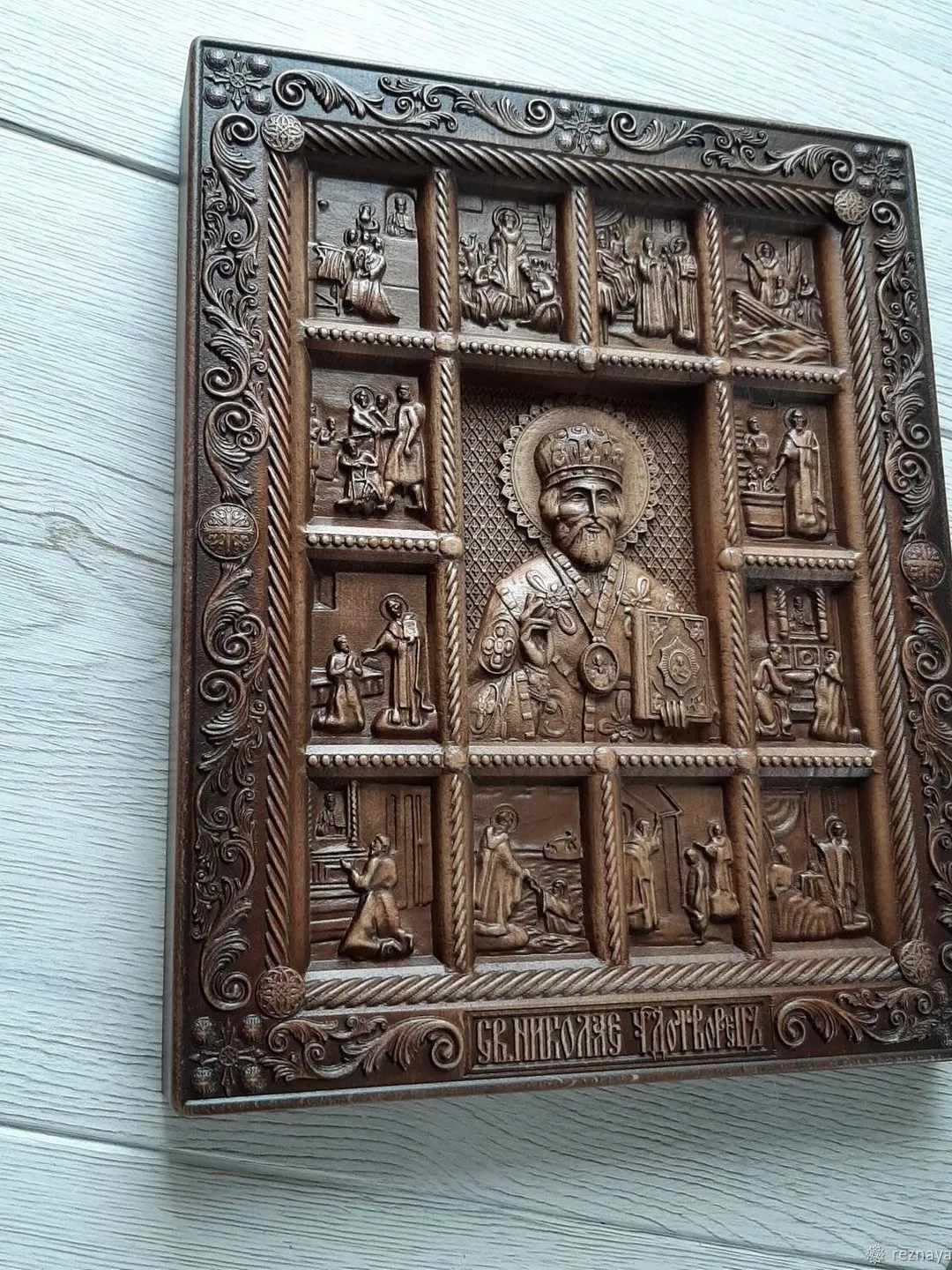 Carved icon of Nicholas the Wonderworker with scenes from his life Handmade (to order)