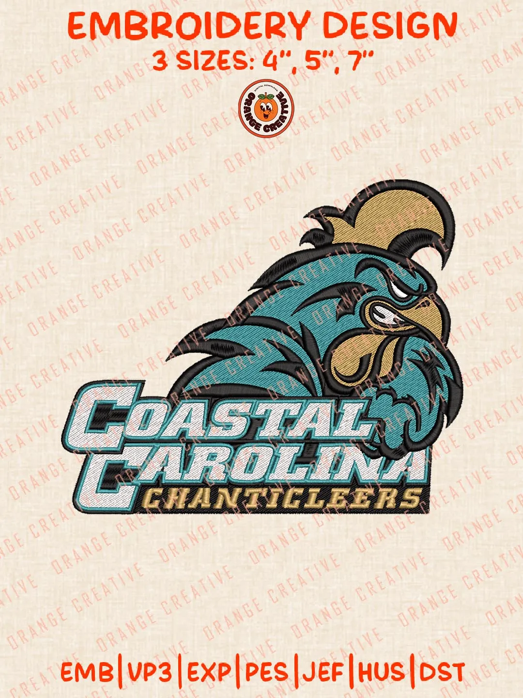 Coastal Carolina Chanticleers Logos Embroidery Design Files, NCAA Logos Embroidery Designs, Machine Embroidery Files, 4 Sizes, Custom Sizes, Instant Download