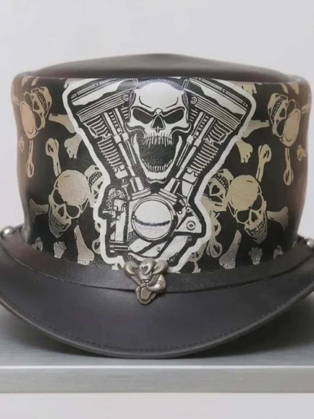 Black Leather Skull Top Hat | Gothic Steampunk Biker Hat