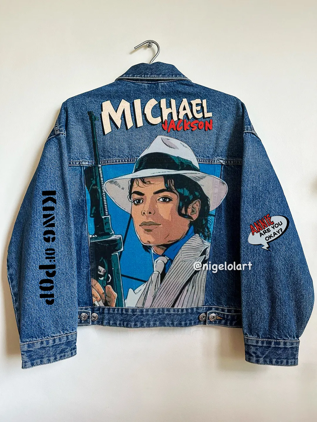 Painted denim jacket Michael Jackson Custom gifts Blue Jean jacket King of pop mj Dangerous Bad Smooth Criminal Comics