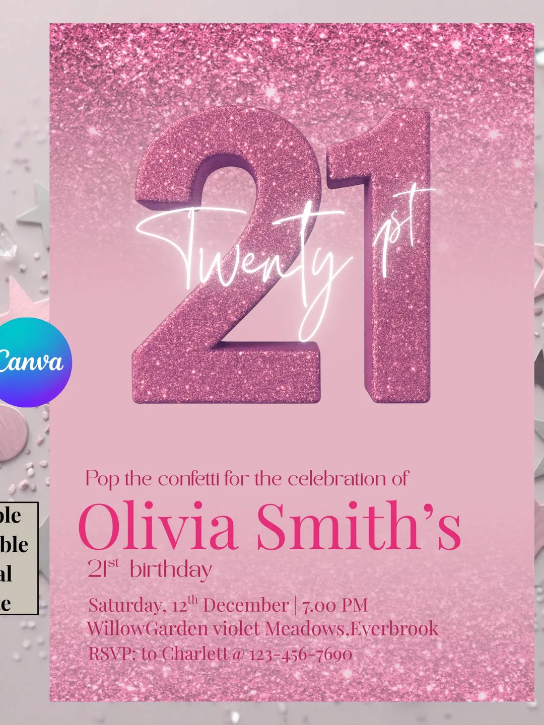 Pink glitter  21st Birthday Invitation Template, 21 Birthday Invite Editable Canva Template, Happy 21st Birthday Card 21 Birthday Girl pink