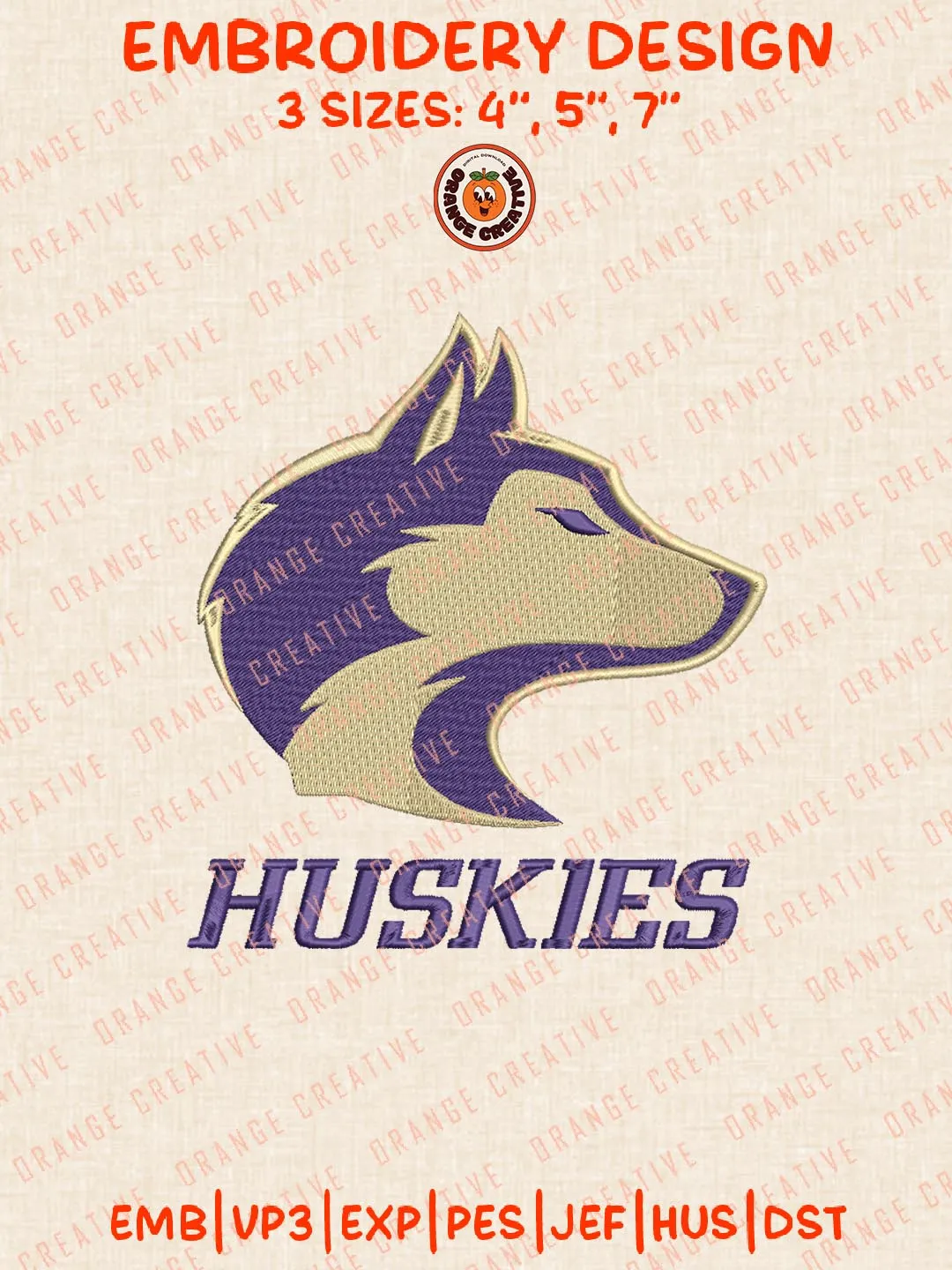 NCAA Washington Huskies Head Mascot Logo Embroidery Design Files, NCAA Logos Embroidery Designs, NCAA Machine Embroidery Files, 3 Sizes, Custom Sizes, Instant Download
