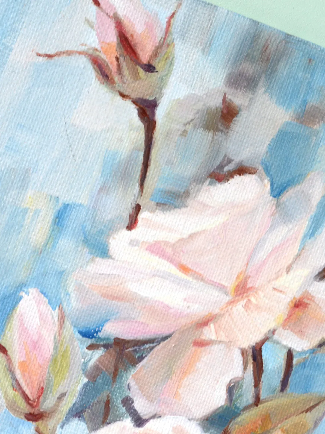 Roses oil painting / Pink flowers on blue art