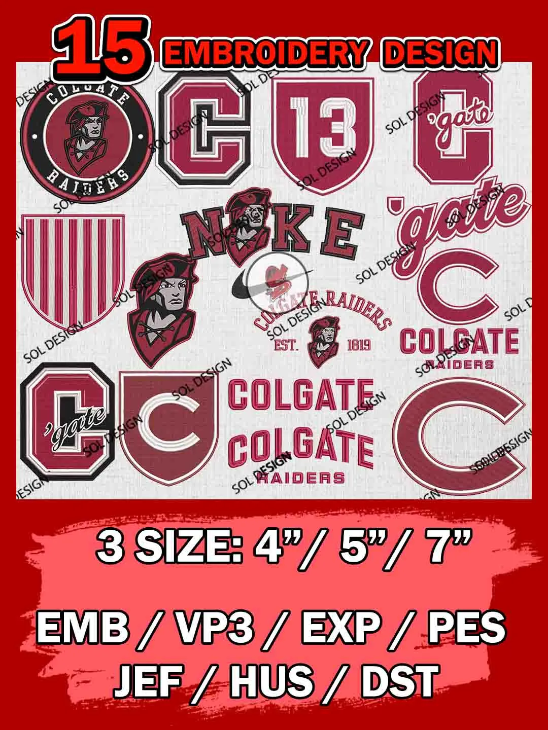 15 NCAA Colgate Raiders Bundle Embroidery Files, NCAA Colgate Raiders Team Bundle Embroidery Designs, NCAA Teams, National College Football Team 3 sizes, NCAA Raiders