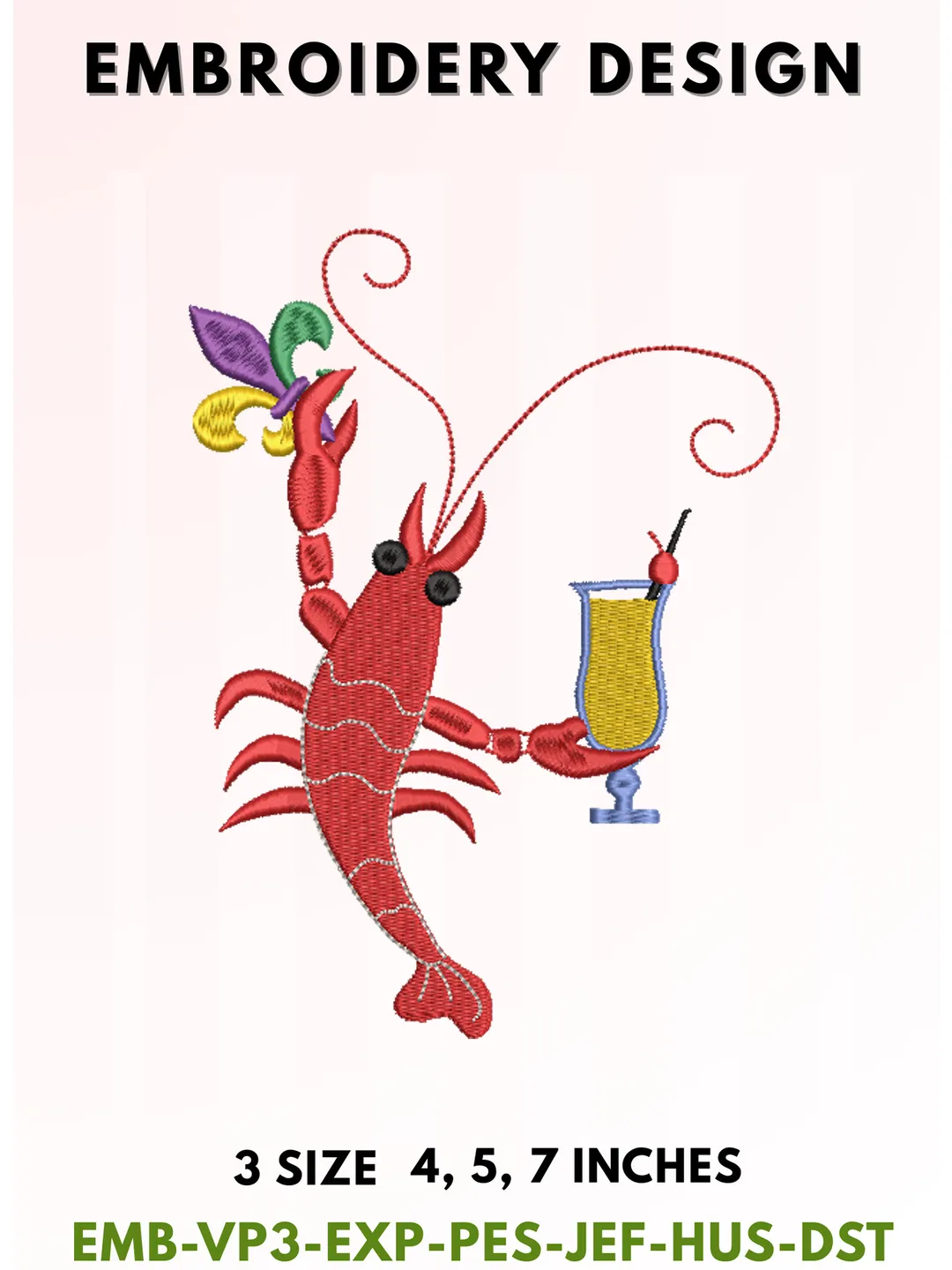 Mardi Gras Crawfish Embroidery Design, Cajun Crawfish Cocktail Machine Embroidery File, Louisiana Mardi Gras Crawfish Embroidery Pattern, Carnival Seafood Embroidery Design, Mardi Gras Digital Download