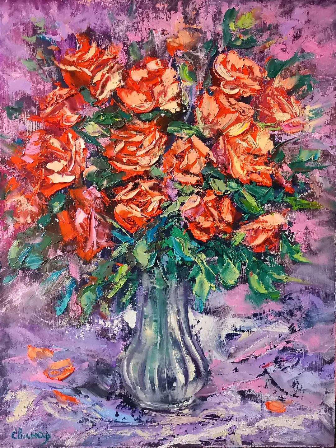 Red Roses Flower Bouquet Oil Painting Impasto Original Artist Svinar Oksana