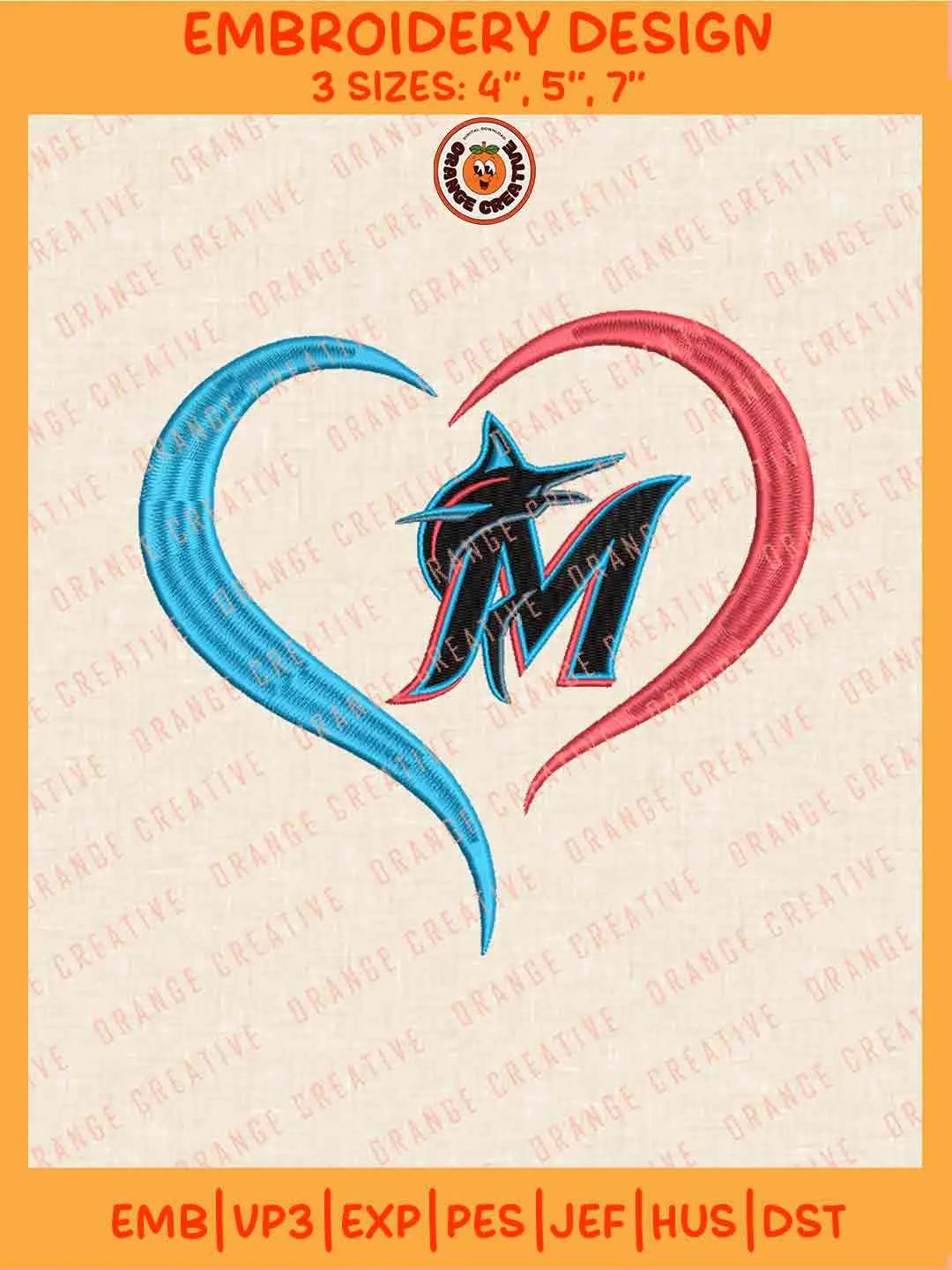 MLB Miami Marlins Team Heart Logo Embroidery Files, MLB Marlins Team Embroidery Designs, Baseball Team Team Machine Embroidery Files, MLB Machine Embroidery, Digital Download