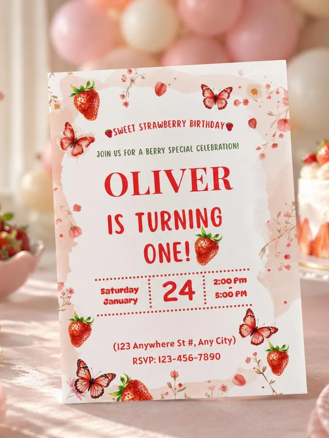 Strawberry Birthday Invitation Template, Editable Canva, First Birthday Invite, Sweet Strawberry Party, Printable, Instant Download