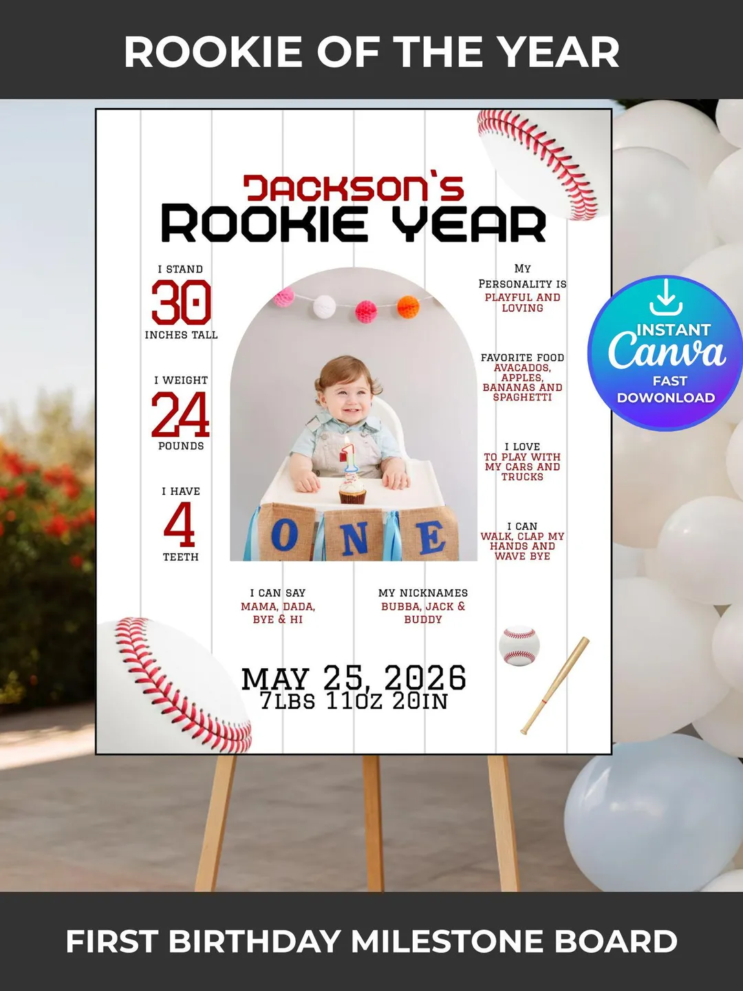 Rookie of the Year First Birthday Milestone Board, Baseball 1st ...