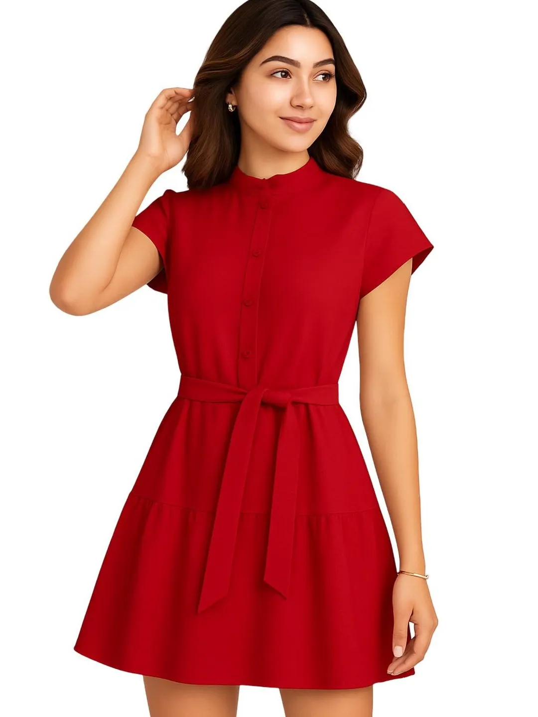 Cotton Summer Dress  Short Sleeve Shirt Dress with Buttons & Tie Waist.