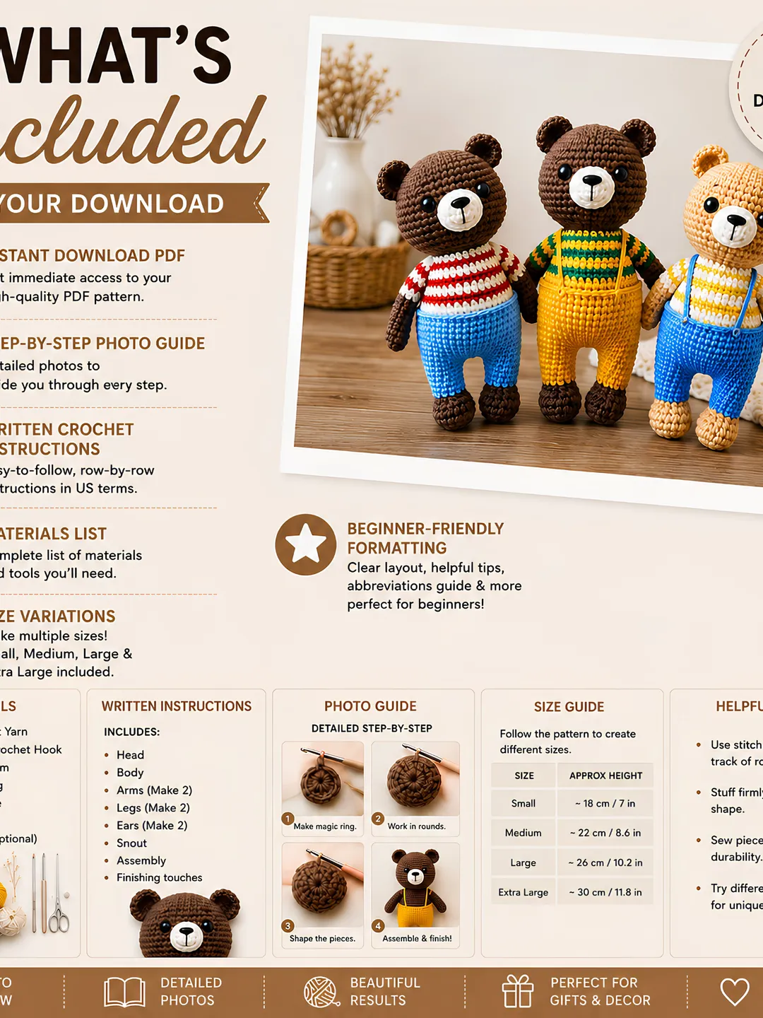 Teddy Bear Crochet Pattern PDF, Amigurumi Bear Pattern, Crochet Bear Toy Tutorial, Stuffed Animal Pattern, Easy Crochet Doll, DIY Gift