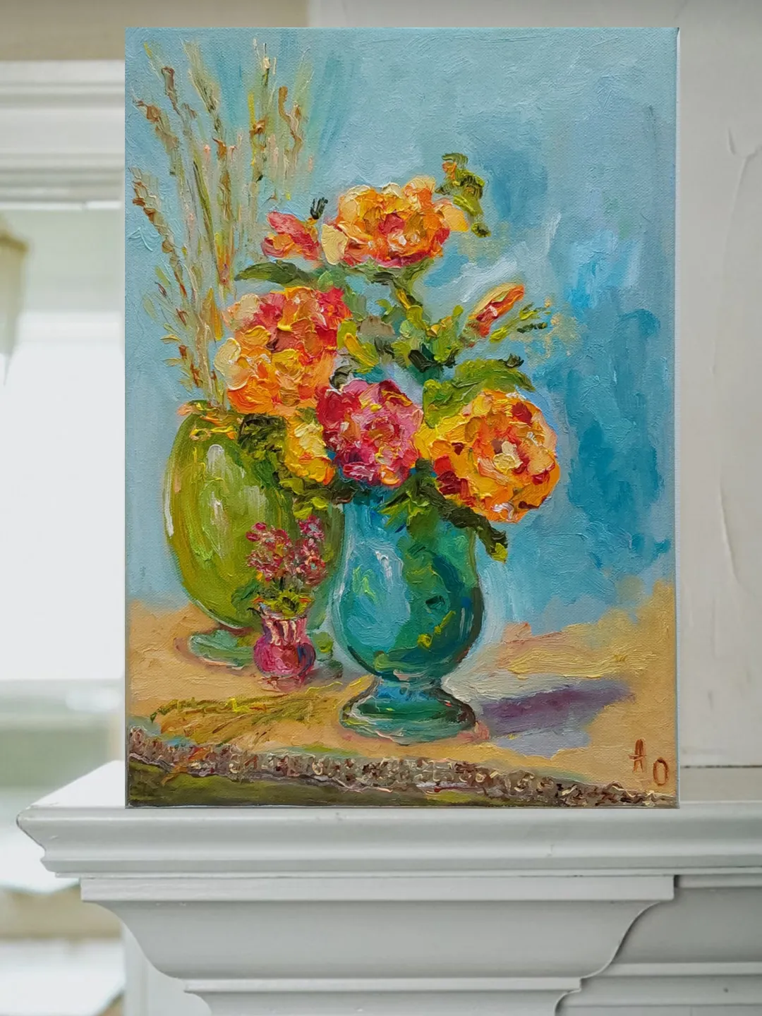 Oil painting on canvas "Still life. Bright flowers in a vase" 30x40cm (12x16inch)