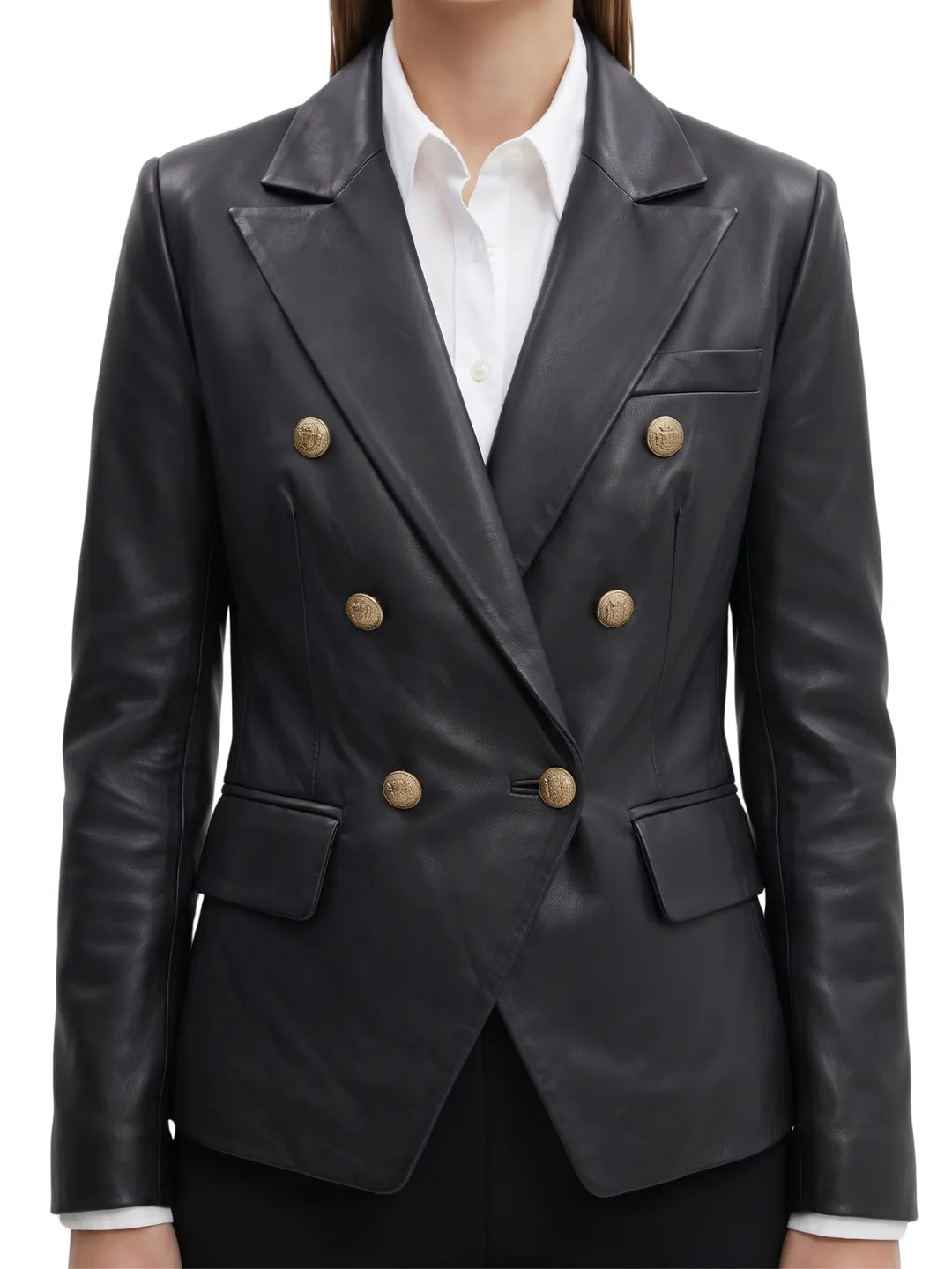 Women's Black Lambskin Leather Blazer, Double-Breasted Peak Lapel, Gold Buttons
