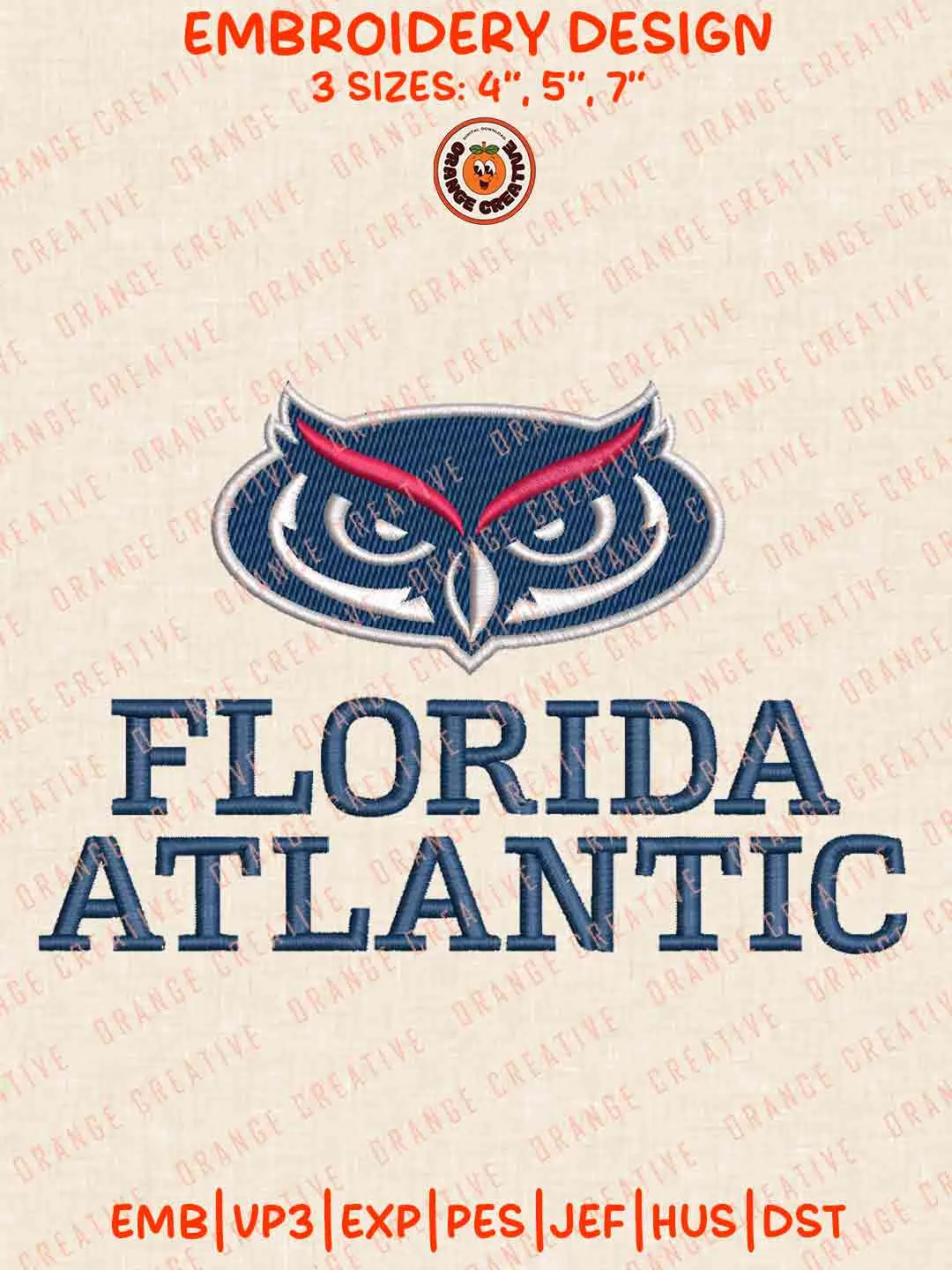 Florida Atlantic Text Logo Embroidery Design, NCAA Florida Atlantic Owls Team Machine Embroidery Digitized Pes File, 4 Sizes, Custom Size, Instant Download