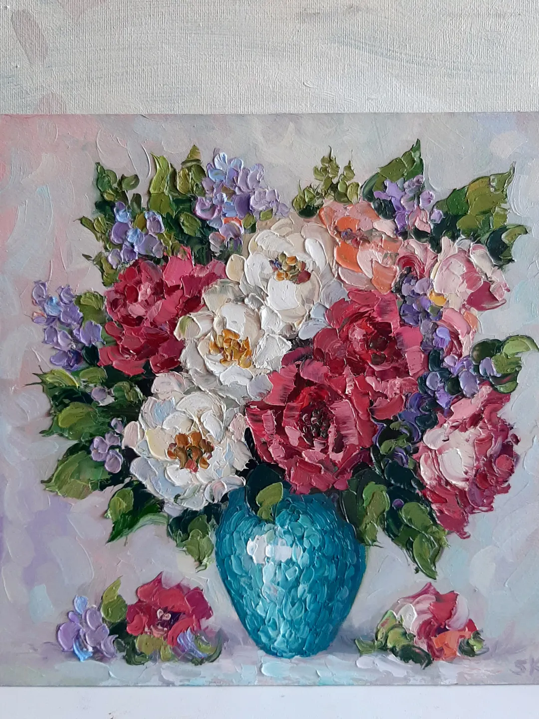 Flower oil painting Original art Rose painting Vaze palette wall art