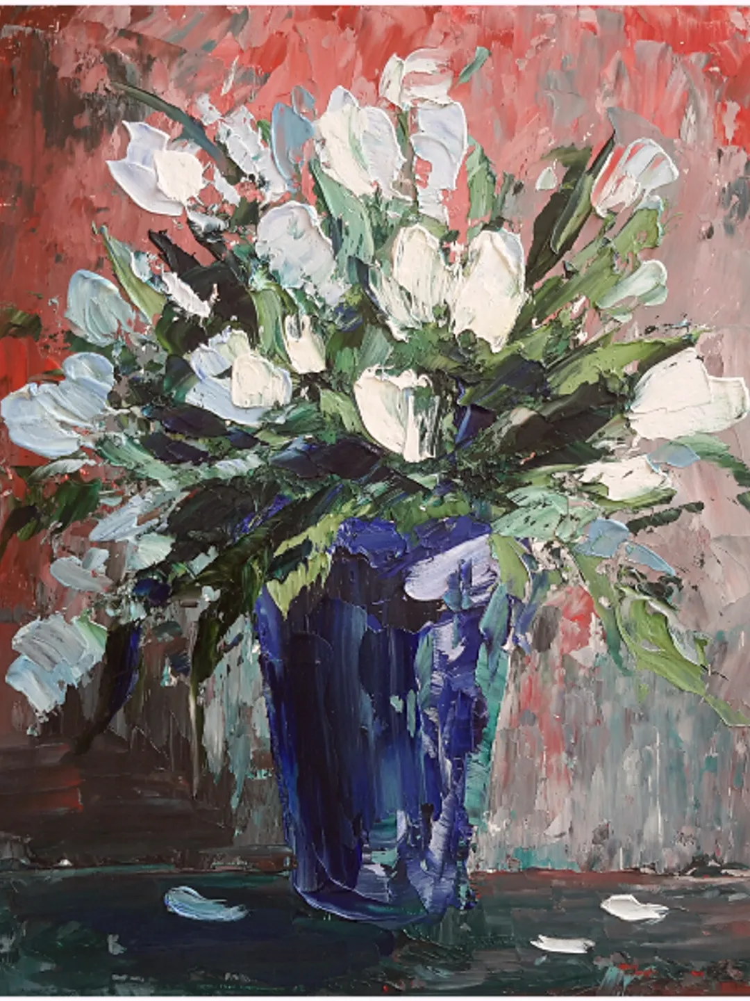 Abstract Flowers in a Vase Original Oil Painting Impasto Floral Square Artwork