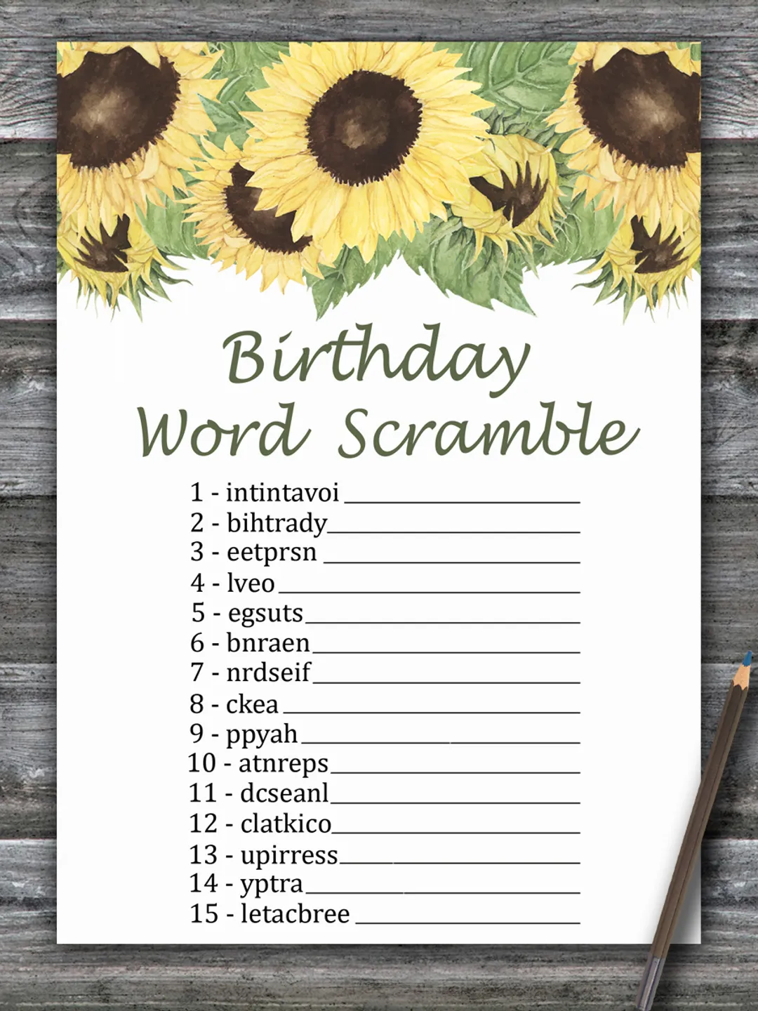 Sunflower Birthday Word Scramble Game,Adult Birthday party game printable-fun games for her-Instant download